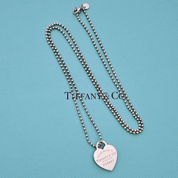 Vtg Tiffany & Co. Please RTT Large Heart Tag Pendant Long Beaded Chain Necklace - Picture 1 of 6